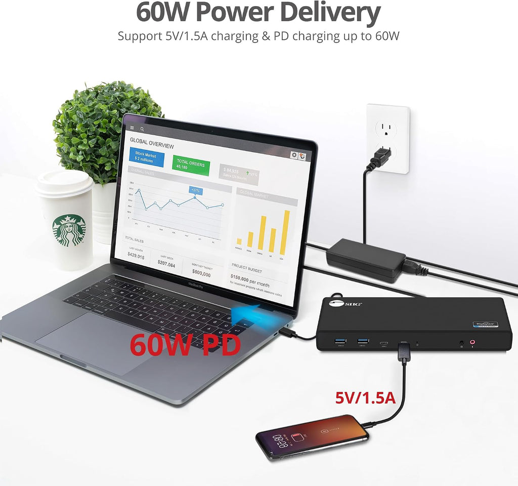 SIIG USB Type C Dual 4K Docking Station with 60W PD - Dual 4K@60Hz or Single 5K@60Hz Monitor Laptop Dock - DisplayLink - 2 HDMI 2 DisplayPort, 4 USB 3.0 Ports, 2 Type C Ports, Gigabit Ethernet Port