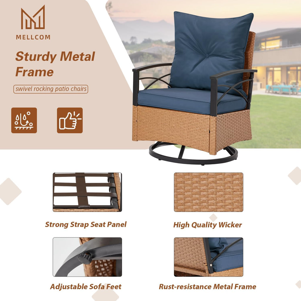 MELLCOM 3 Pieces Patio Furniture Set, Outdoor Swivel Patio Rocker Chairs with Thick Cushions and 2-Tier Coffee Table, Oversize Wicker Bistro Conversation Sets for Garden, Balcony, Backyard, Blue