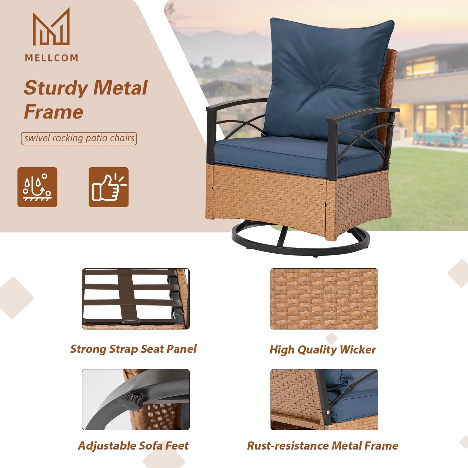 MELLCOM 3 Pieces Patio Furniture Set, Outdoor Swivel Patio Rocker Chairs with Thick Cushions and 2-Tier Coffee Table, Oversize Wicker Bistro Conversation Sets for Garden, Balcony, Backyard, Blue