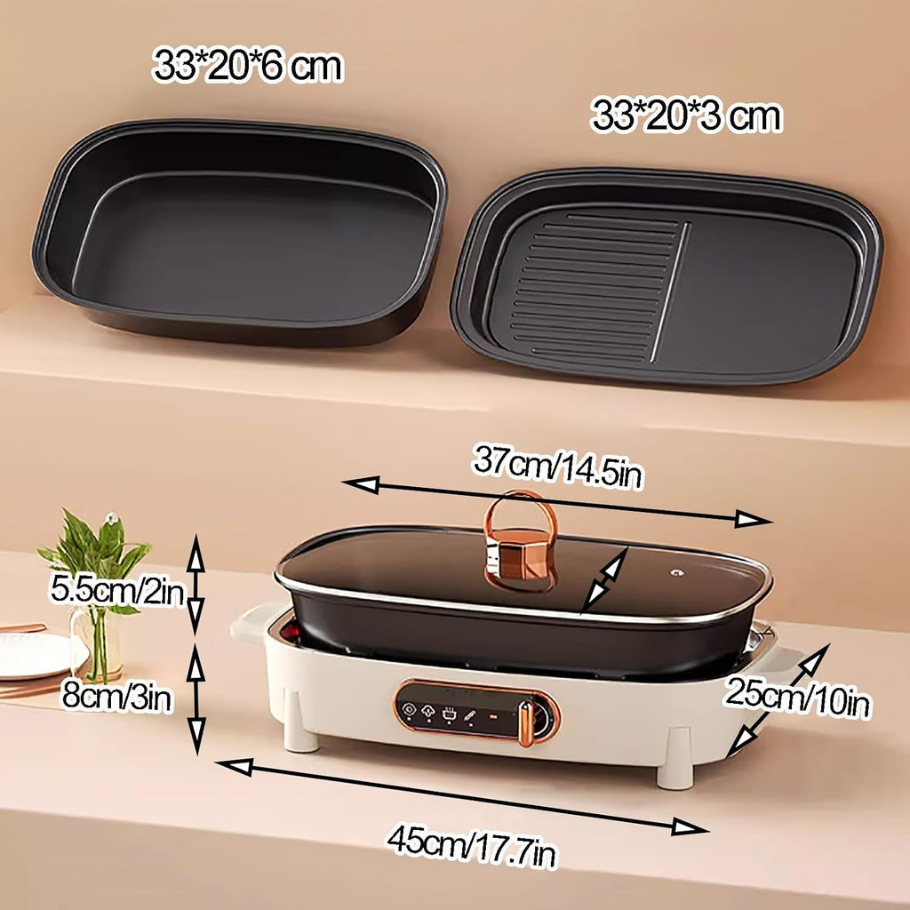 Electric Pot with Removable Pan 1200W Hot Pot with Electric Grill Adjustable Temperature Nonstick Multifunction Electric Skillet with Glass Lid