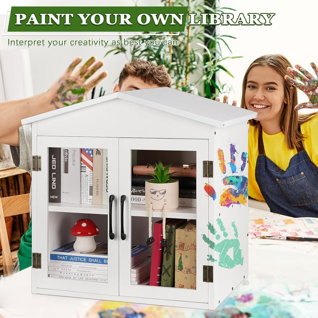 Outdoor Library Outdoor Book Box Storage Small Wooden Cabinet Little Literature Box for Neighborhoods Community and Schools Sharing Books, Flyers, Newspapers, Food and Art (E)