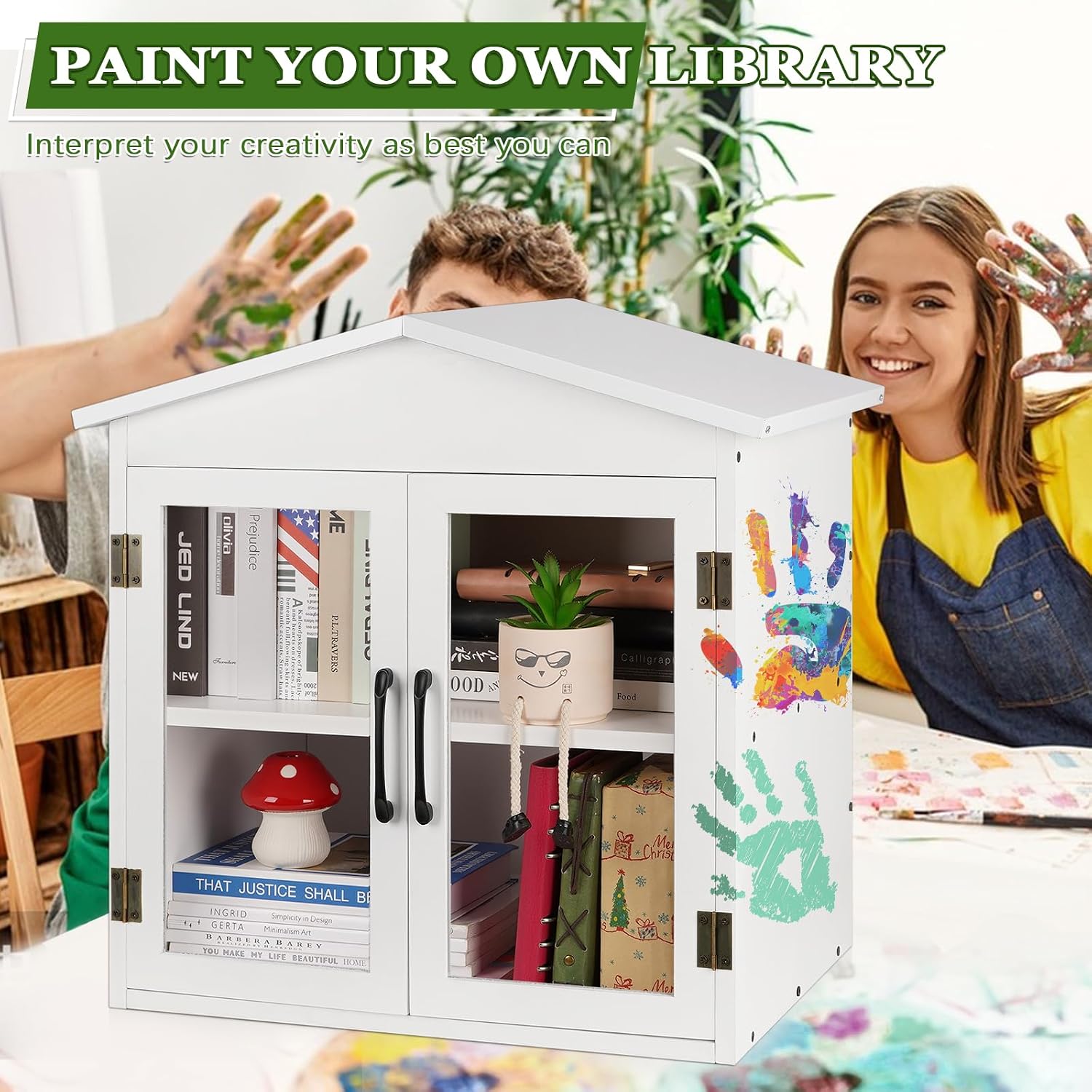 Outdoor Library Outdoor Book Box Storage Small Wooden Cabinet Little Literature Box for Neighborhoods Community and Schools Sharing Books, Flyers, Newspapers, Food and Art (E)