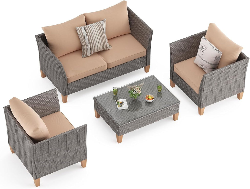 Soohow 5-Piece Patio Furniture Set, Thickened Rattan Sectional Outdoor Sofa with Glass Top Table, Reclined Backrest and Khaki Cushions