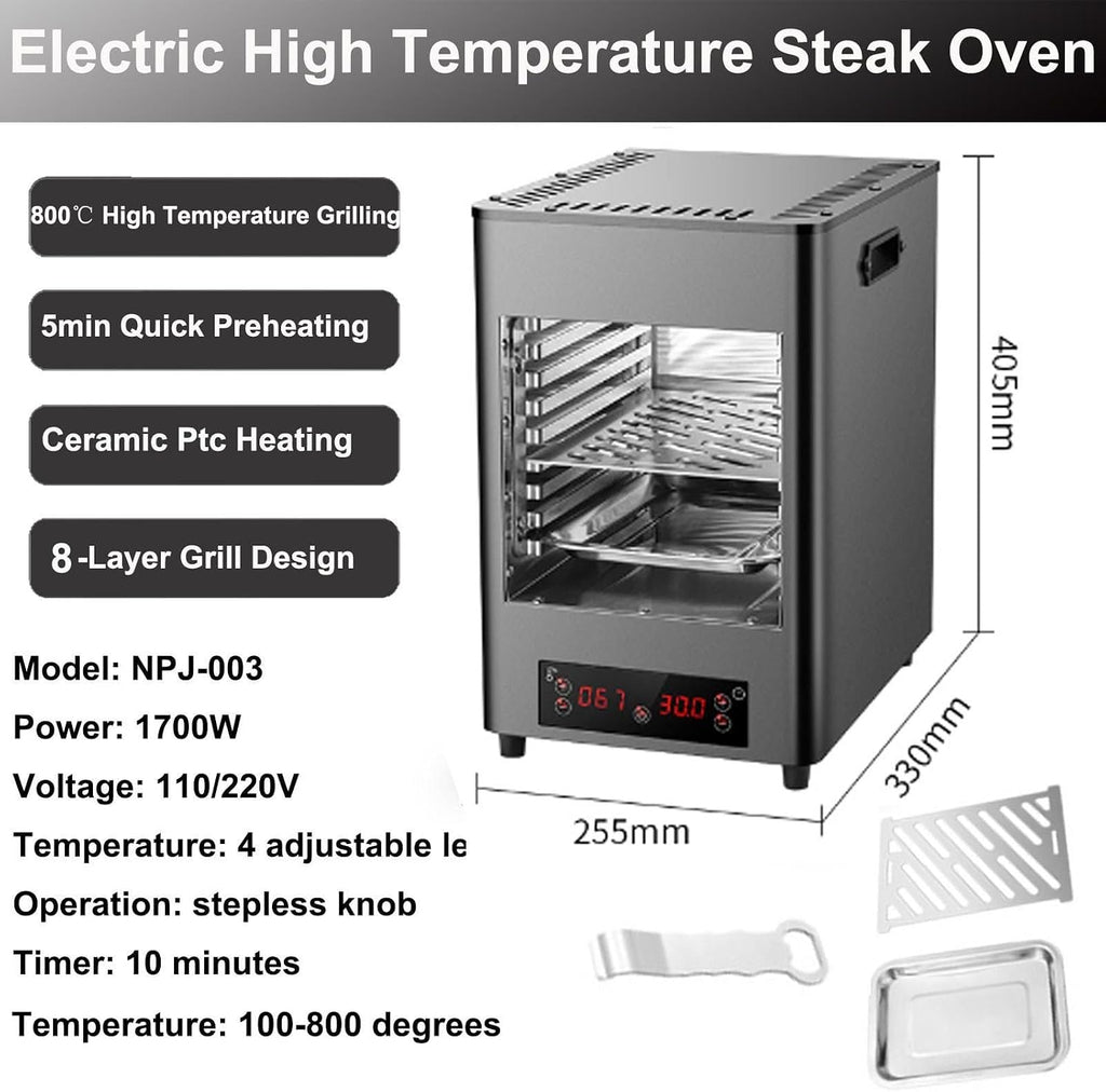 1700W Indoor Commercial Steak Grill,Electric Steak Broiler +glove-Time Temperature Adjustable/Touch Button/800℃ High Temperature/8-Layer Grill-for Beef Chicken Vegetables,A