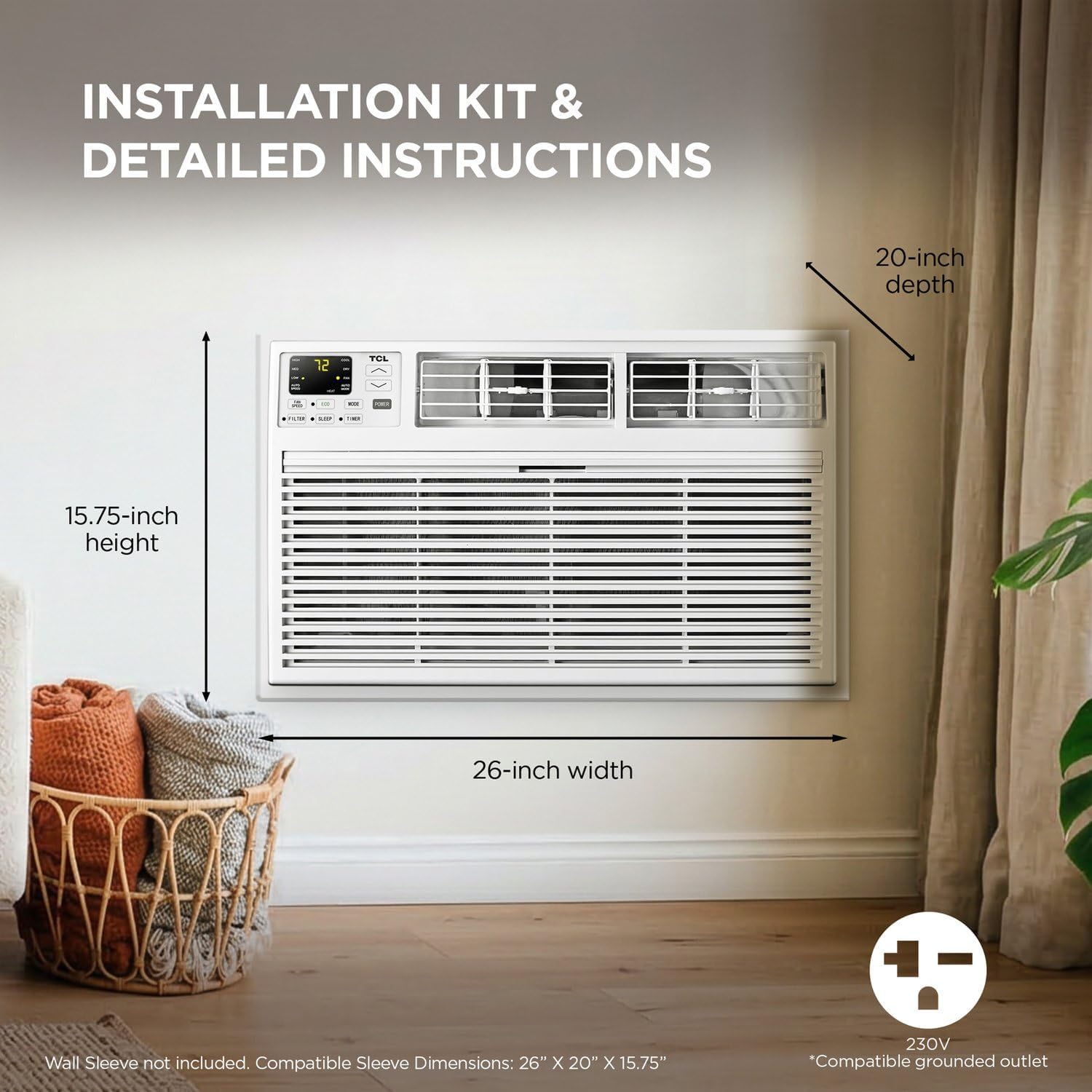 TCL H14T9XH Heat 14,000 Smart Through-The-Wall Air Conditioner, Heater, Fan & Dehumidifier, 230V, 700 Sq. Ft, Remote Control, Compatible with Alexa/Google Assistant, 14000 BTU, White