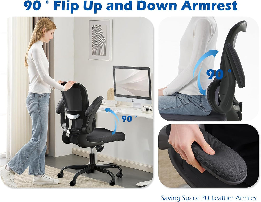 TRALT Ergonomic Office Chair - Desk Chair with Adjustable Headrest Lumbar Support Computer Chair - Mesh Comfy Chair with Flip-up Armrests - Gaming Chair for Adults Home Office PU, Black, Pack of 4