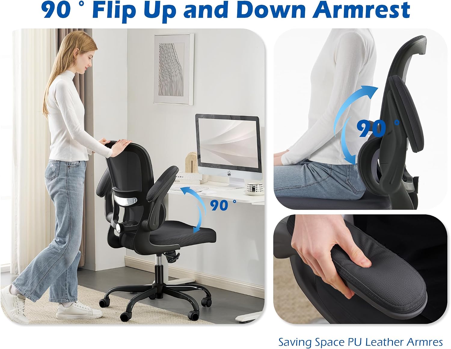 TRALT Ergonomic Office Chair - Desk Chair with Adjustable Headrest Lumbar Support Computer Chair - Mesh Comfy Chair with Flip-up Armrests - Gaming Chair for Adults Home Office PU, Black, Pack of 4