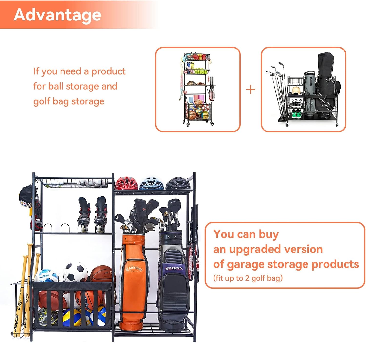 WALMANN Garage Sports Equipment Organizer, Golf Bag Stand for Garage Ball Storage Rack Indoor/Outdoor Kids Toys Storage Organizer Bins, Ball Holder with Baskets