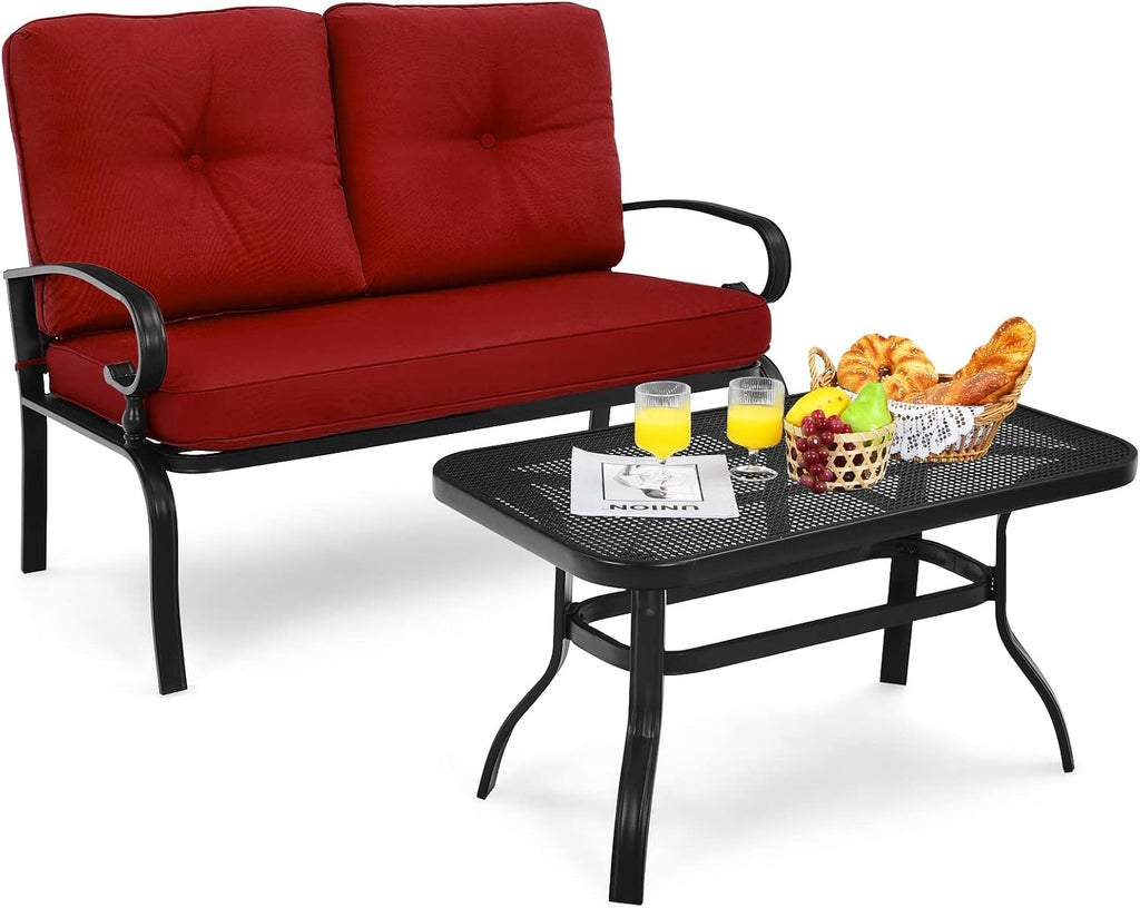 Giantex Patio Loveseat with Coffee Table Outdoor Bench with Cushion and Metal Frame, Loveseat Porch Furniture Set Sofa for Garden, Yard, Patio or Poolside (Deep Red & Black)