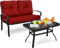 Giantex Patio Loveseat with Coffee Table Outdoor Bench with Cushion and Metal Frame, Loveseat Porch Furniture Set Sofa for Garden, Yard, Patio or Poolside (Deep Red & Black)