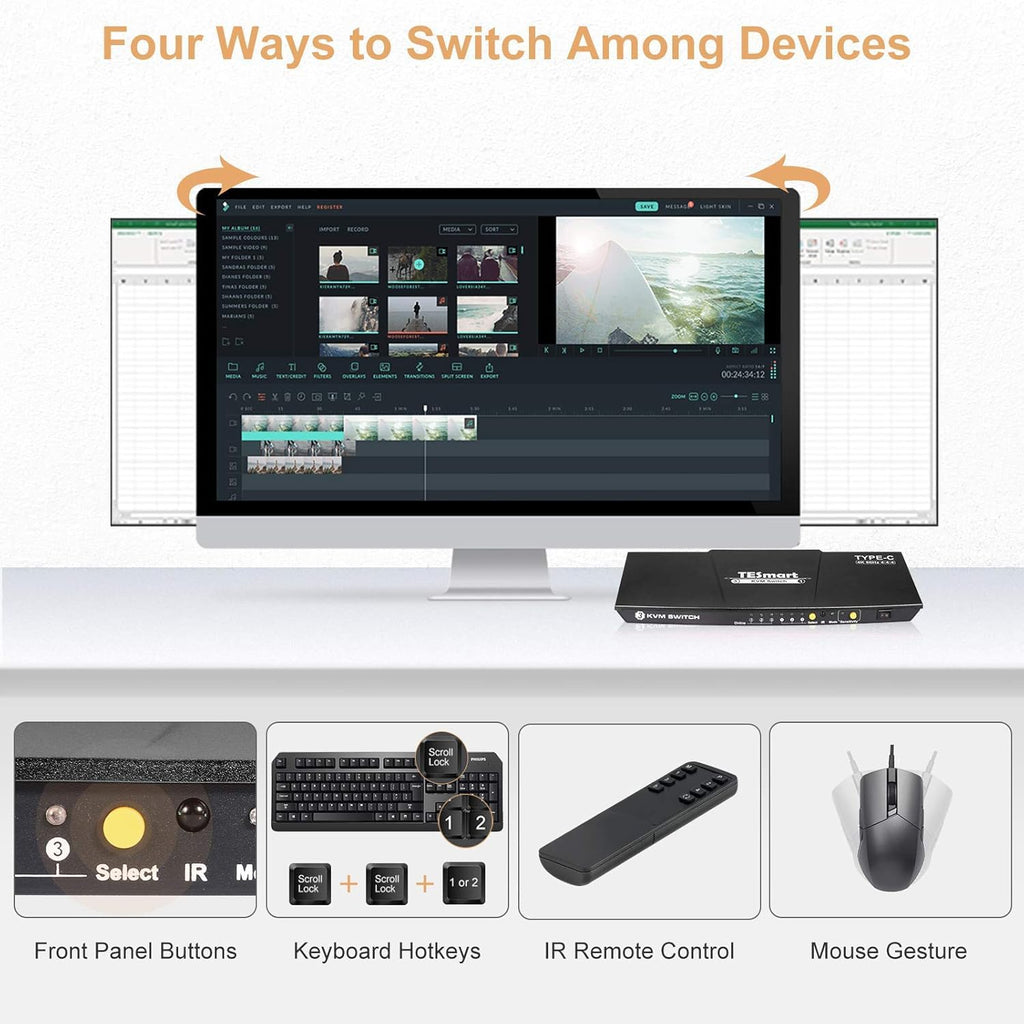 TESmart USB-C KVM Switch 3 in 1 Out, for 3 Computers and 1 Monitors, Type-C KVM, 4k@60 Hz, Supply Power to The Laptop Connected to Port 1