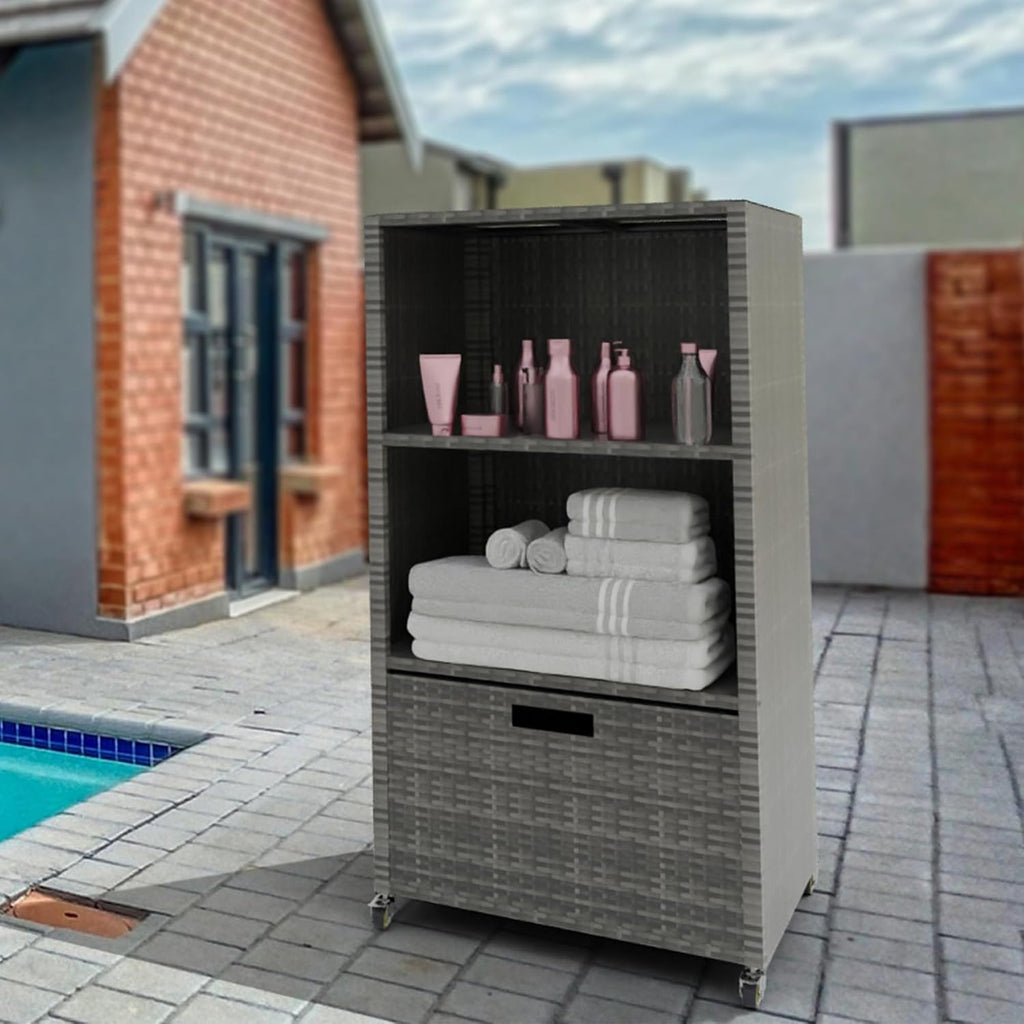 HOOYEAH Pool Towel Rack Outdoor, Waterproof PE Plastic Rattan Wicker Pool Storage Bins Storage Cabinet Organizer, Poolside Towel Caddy with Rolling Wheels for Hot Tub Spa Accessories,Grey