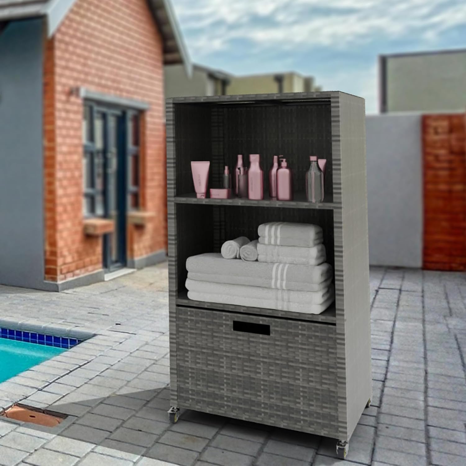 HOOYEAH Pool Towel Rack Outdoor, Waterproof PE Plastic Rattan Wicker Pool Storage Bins Storage Cabinet Organizer, Poolside Towel Caddy with Rolling Wheels for Hot Tub Spa Accessories,Grey