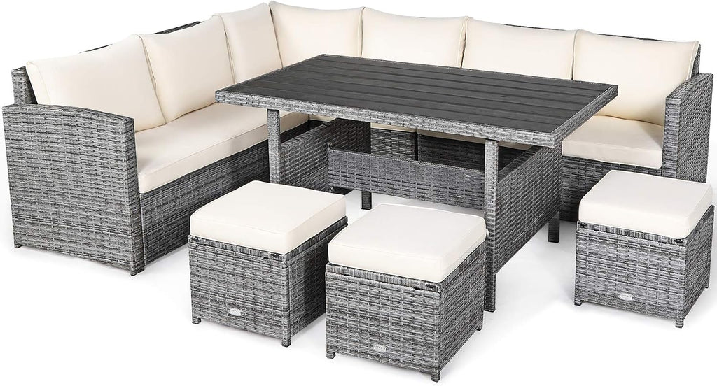 Tangkula 7 Pieces Patio Furniture Set, Outdoor Sectional Rattan Dining Sofa Set with Cushions, All Weather Wicker Conversation Couch Set with Dining Table & Ottomans for Yard Garden Poolside, White