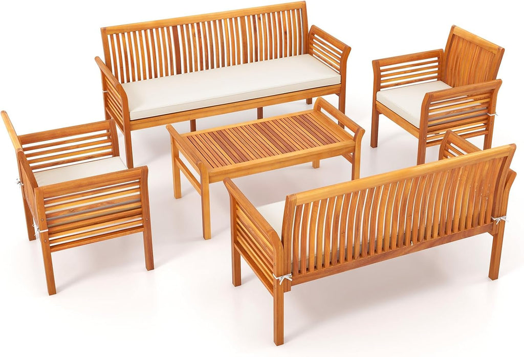 Tangkula 5 Pieces Acacia Wood Patio Furniture Set, Wood Outdoor Conversation Set with 3-Seat Bench, Loveseat, 2 Armchairs & Coffee Table, Cushioned Outdoor Sofa Set for Poolside, Porch, Balcony