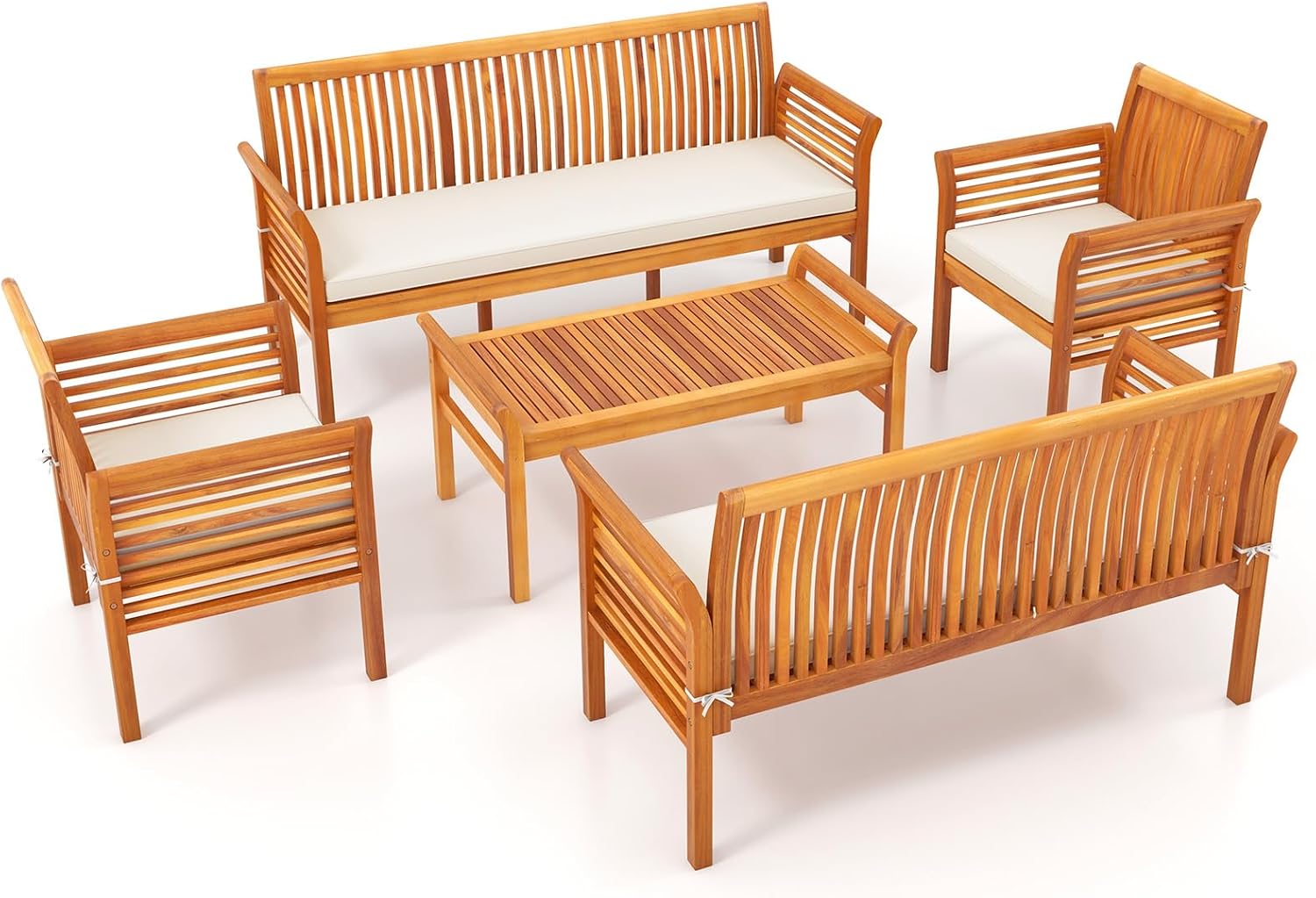 Tangkula 5 Pieces Acacia Wood Patio Furniture Set, Wood Outdoor Conversation Set with 3-Seat Bench, Loveseat, 2 Armchairs & Coffee Table, Cushioned Outdoor Sofa Set for Poolside, Porch, Balcony