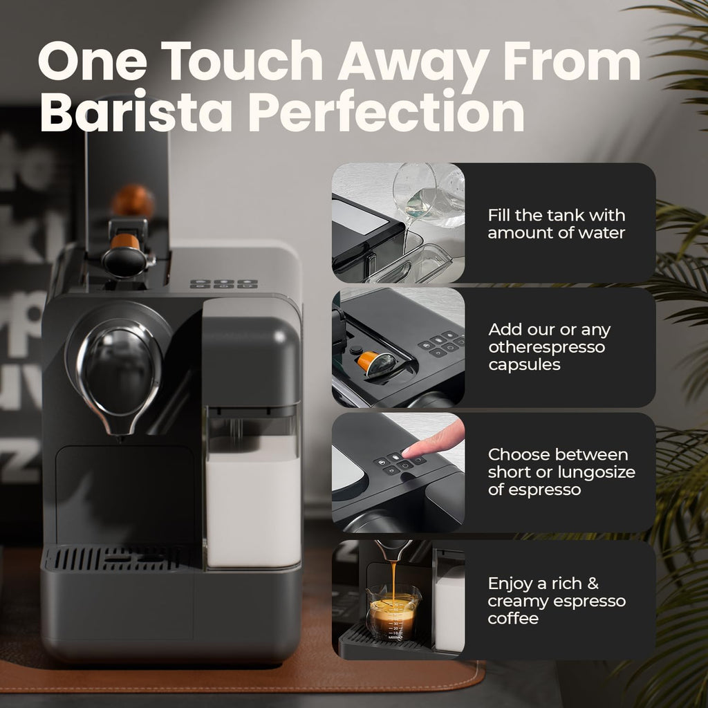 Espresso Machine with Integrated Automatic Milk Frother - Single-Serve Coffee Maker Capsule Compatible, One Touch Latte & Cappuccino, Single or Double Shot Espresso Maker