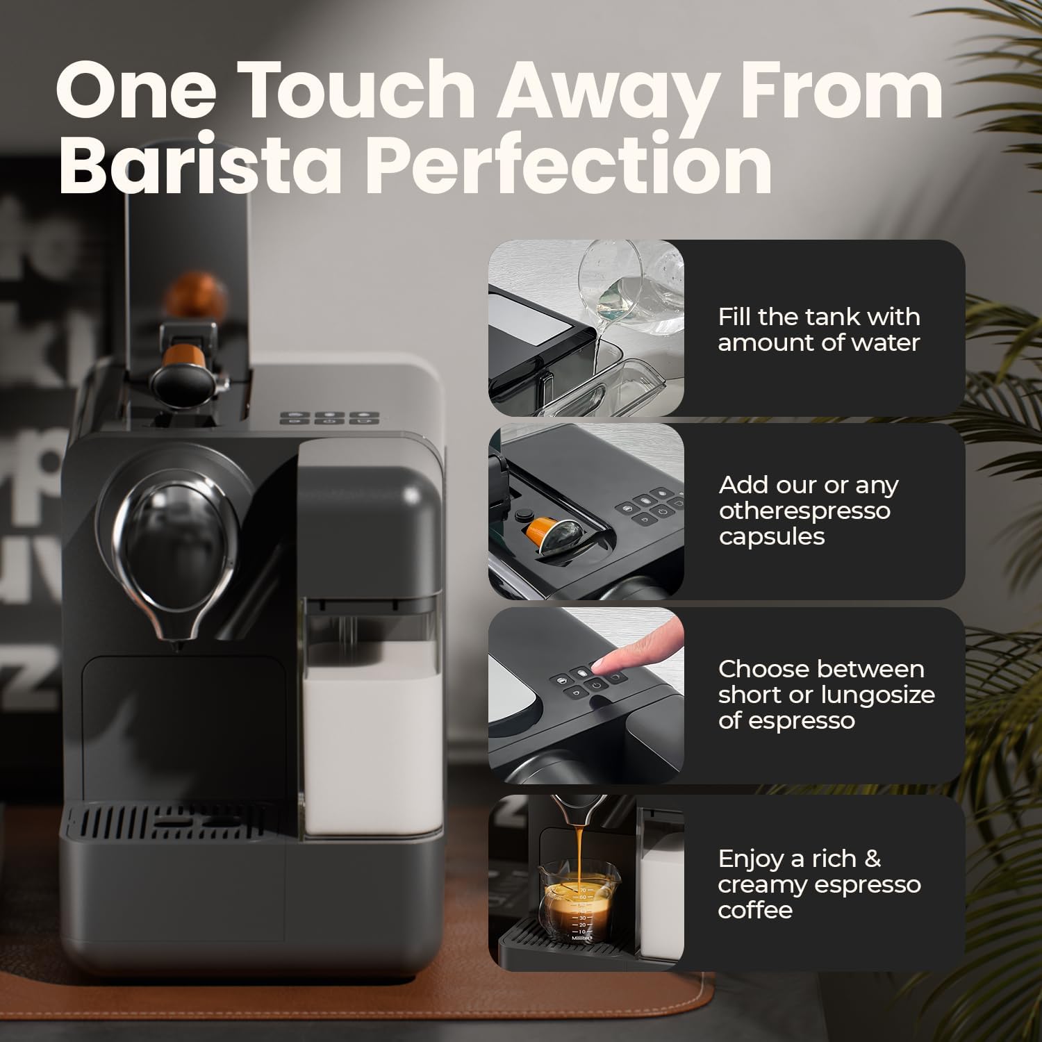 Espresso Machine with Integrated Automatic Milk Frother - Single-Serve Coffee Maker Capsule Compatible, One Touch Latte & Cappuccino, Single or Double Shot Espresso Maker
