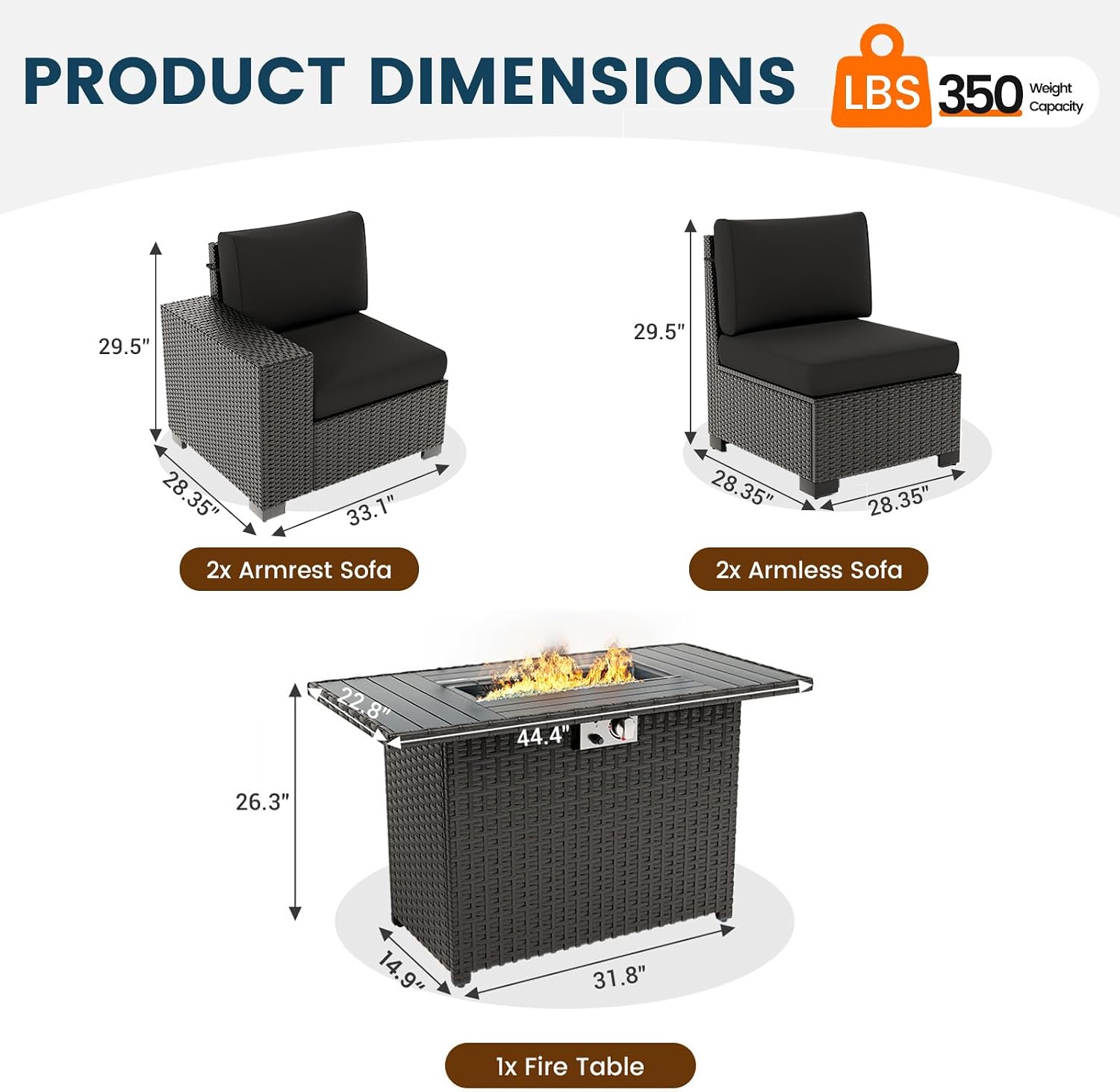 5 Piece Patio Furniture Set with Fire Pit Table, Outdoor Sectional Conversation Sets Black Wicker Rattan Sectional Sofa for Patio Garden Backyard, 4'' Thickened Cushion Black