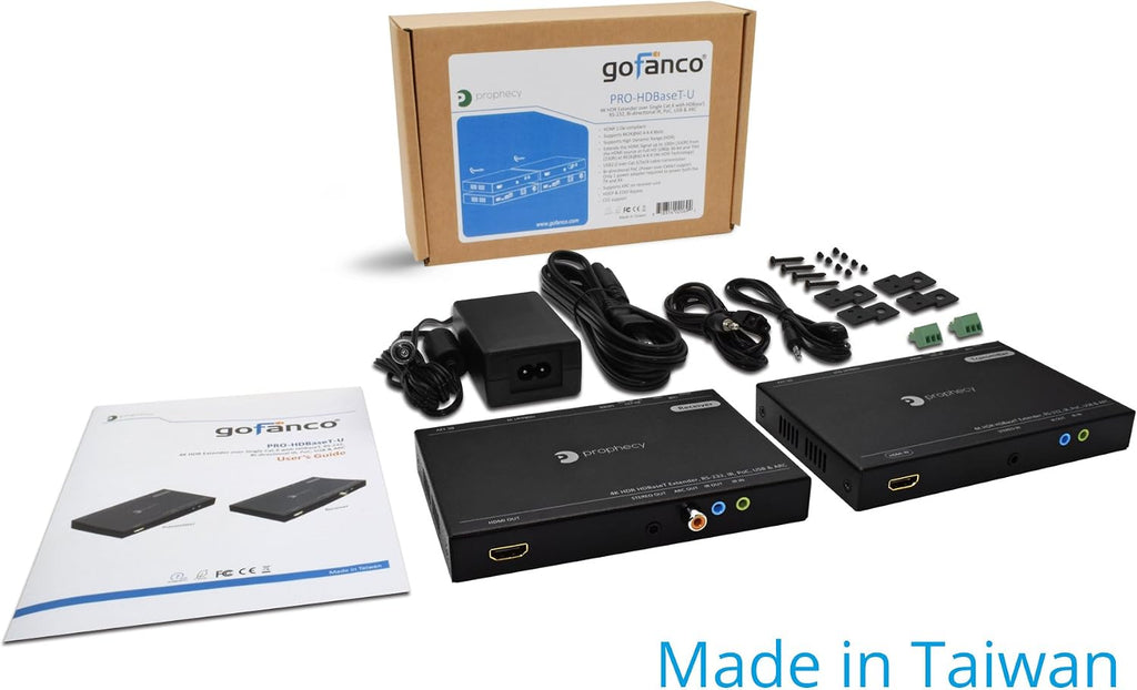 gofanco Prophecy HDBaseT HDMI Extender 4K 60Hz USB 2.0 KVM RS 232 Over CAT5e/CAT6/CAT7-230ft @4K 4:4:4, 328ft @1080p, Dual IR, HDR, CEC, PoC, 3D, 18Gbps, HDMI 2.0a, HDCP 2.2, TAA Compliant
