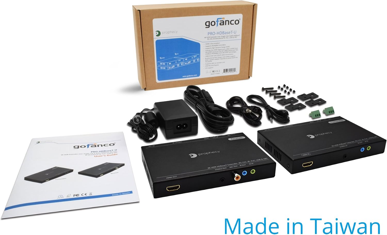 gofanco Prophecy HDBaseT HDMI Extender 4K 60Hz USB 2.0 KVM RS 232 Over CAT5e/CAT6/CAT7-230ft @4K 4:4:4, 328ft @1080p, Dual IR, HDR, CEC, PoC, 3D, 18Gbps, HDMI 2.0a, HDCP 2.2, TAA Compliant