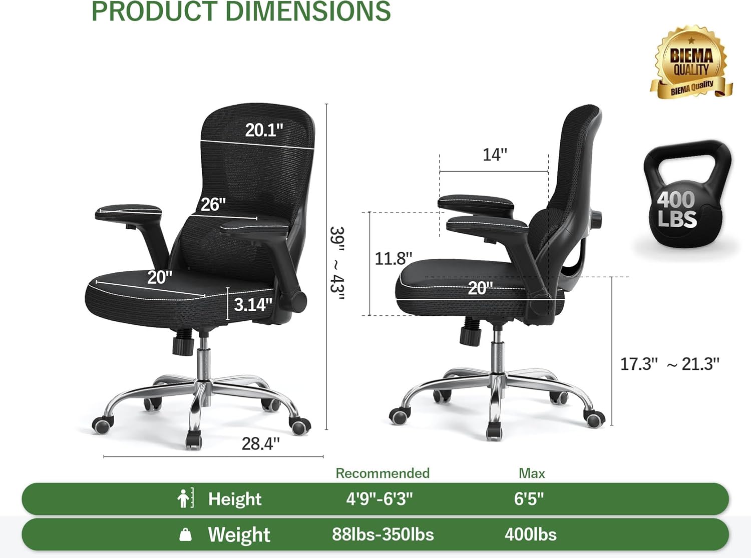 Ergonomic Office Chair - Desk Chair with Adjustable Lumbar Support Computer Chair - Mesh Comfy Chair with Flip-up Armrests - Gaming Chairs for Adults Home Office (Leather, Black)