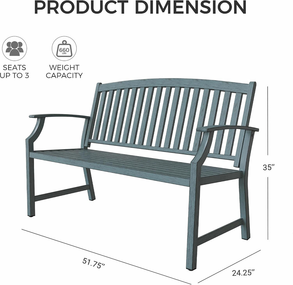 Grand patio 52' Farmhouse Outdoor Bench, Garden Benches with Anti-Rust Aluminum Metal Frame, Faux Wood Grain Finish Frame Patio Bench for Front Porch, Weathered Blue