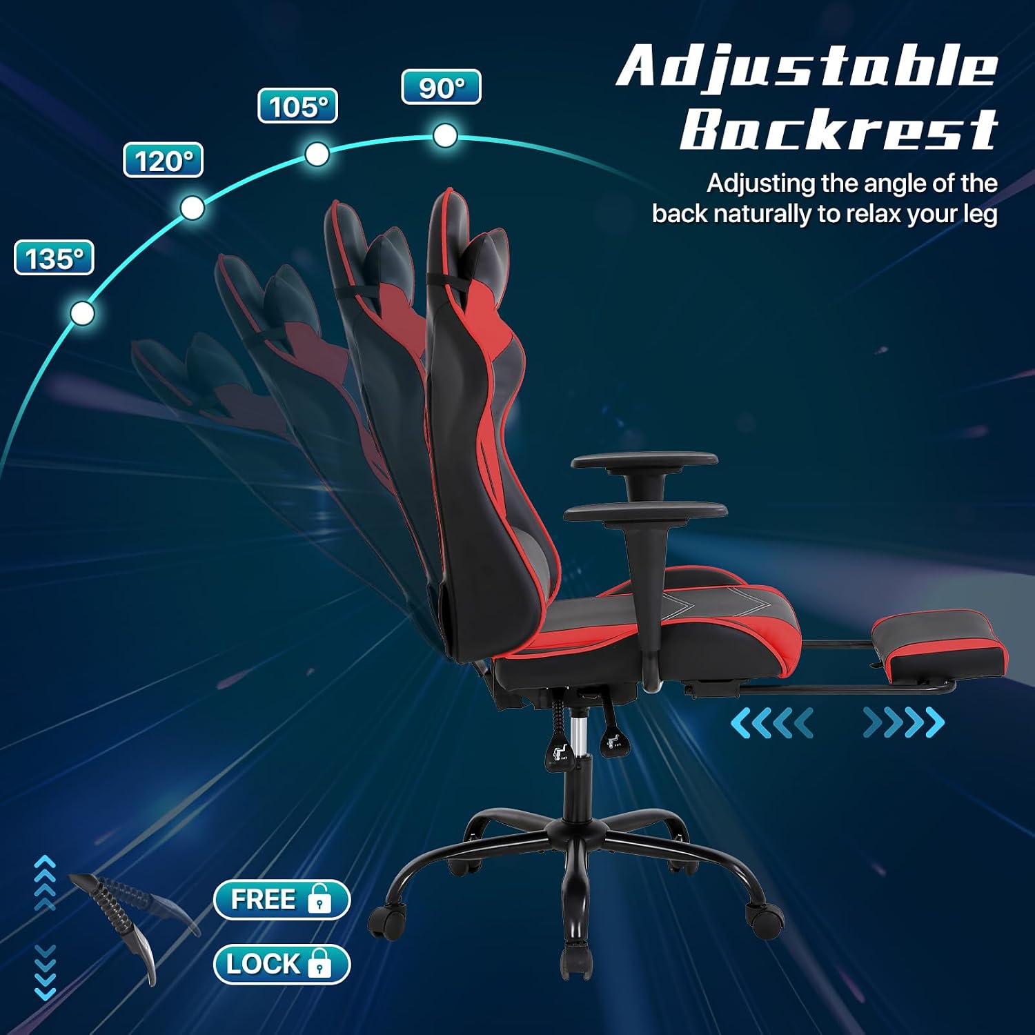 Ergonomic Gaming Chair with Footrest, High Back PU Leather Office Desk Chair for Adults Teens, Rolling Swivel Computer Chair (Red)