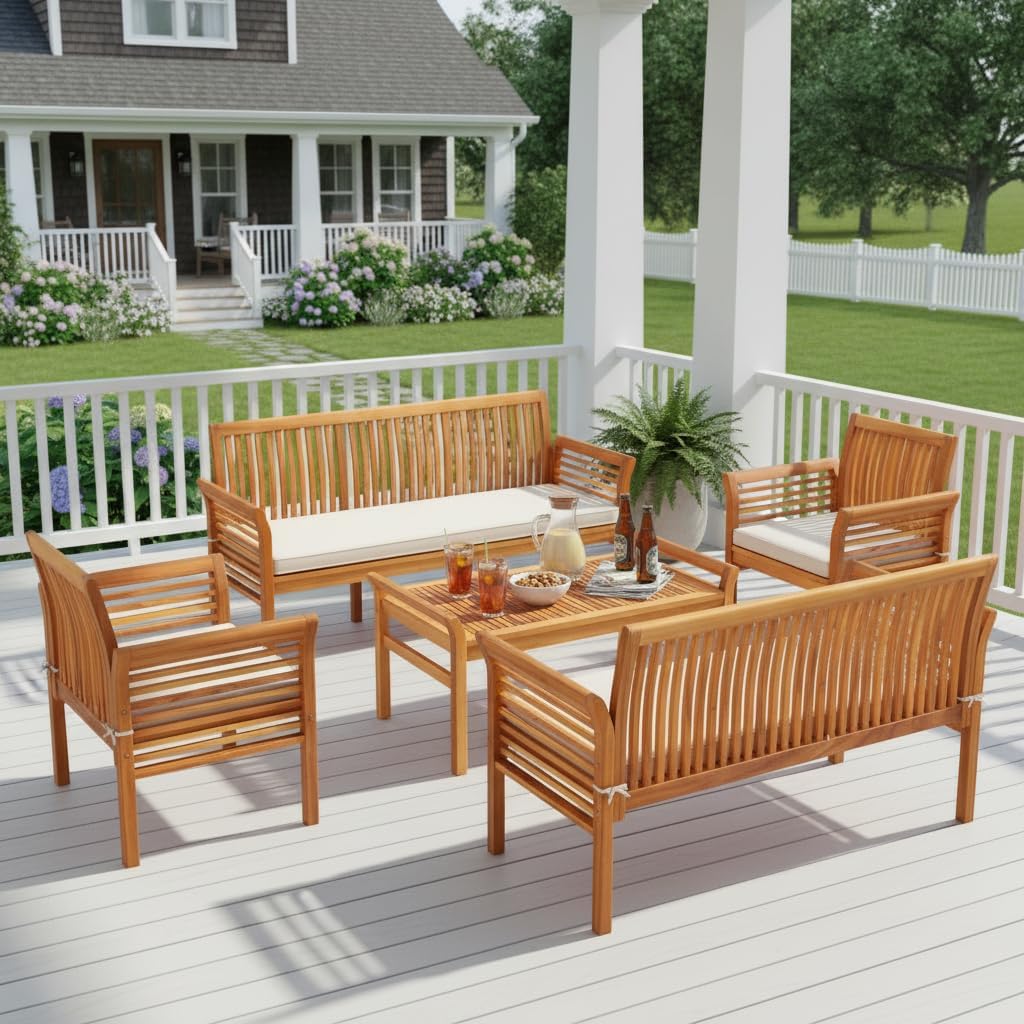 Tangkula 5 Pieces Acacia Wood Patio Furniture Set, Wood Outdoor Conversation Set with 3-Seat Bench, Loveseat, 2 Armchairs & Coffee Table, Cushioned Outdoor Sofa Set for Poolside, Porch, Balcony