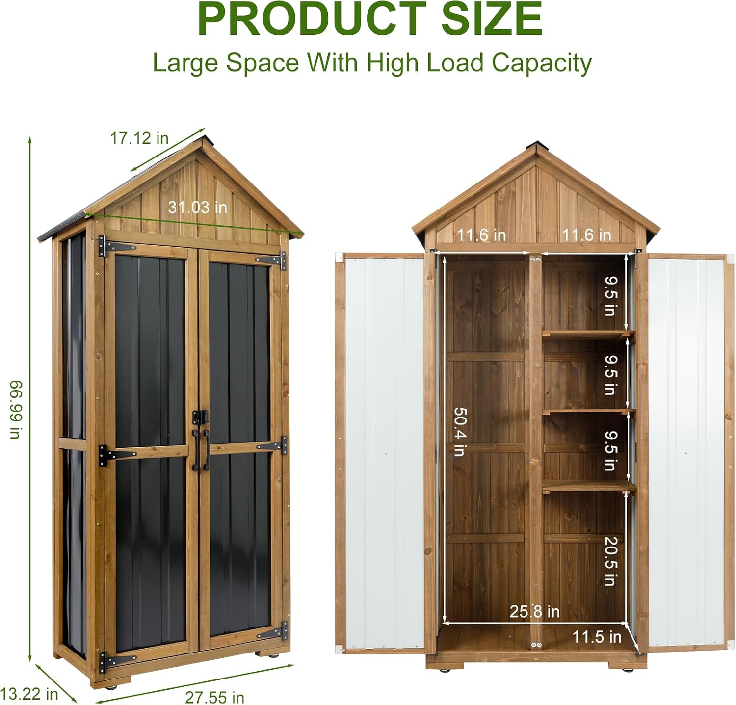 Wood & Metal Outdoor Storage Cabinet with Waterproof Roof, Garden Tool Shed with 6 T-Hinge, 4 Reinforced feet with Metal Brackets and 6 Adjustable feet, 3 Removable Shelves, 13.2X 31x 67IN