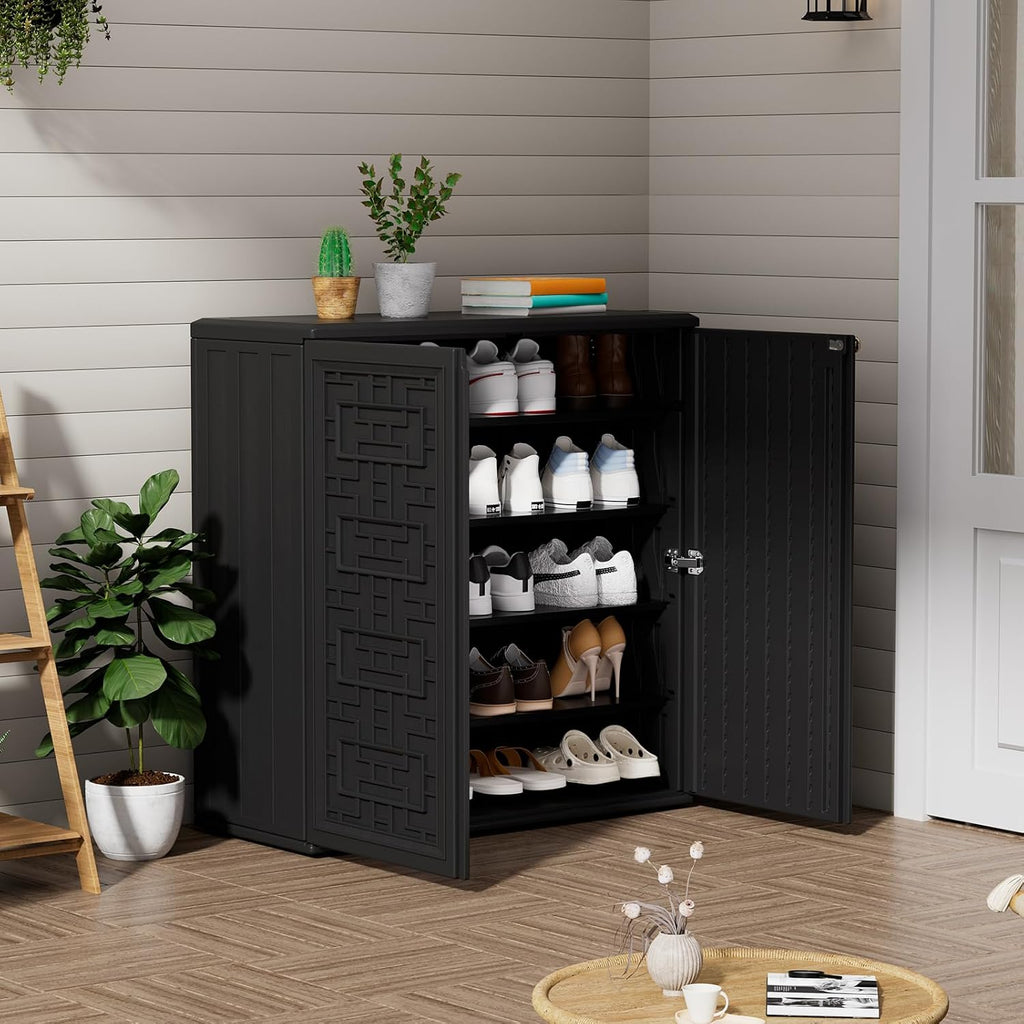 ZZM HDPE Outdoor Storage Shed, Outdoor Plastic Storage Cabinet, Horizontal Resin Tool Shed for Garden, All Weather Outdoor Storage Clearance, DIY Usage, with one Shelf (Black)