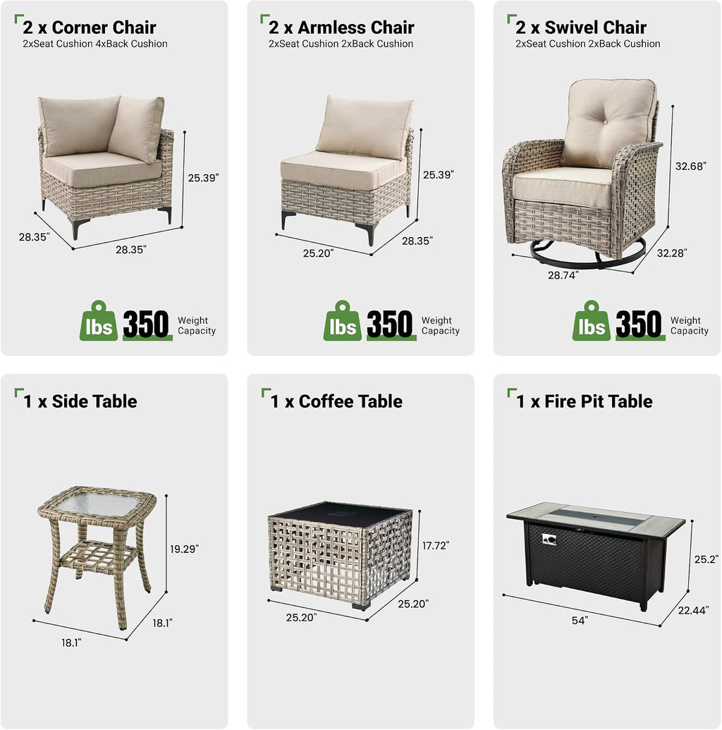 9 Pcs Patio Furniture with Fire Pit Table, Outdoor Rattan Wicker Conversation Set with Glowing Coffee Table, Comfy Sectional Sofa for Porch Balcony Backyard Pool, Beige