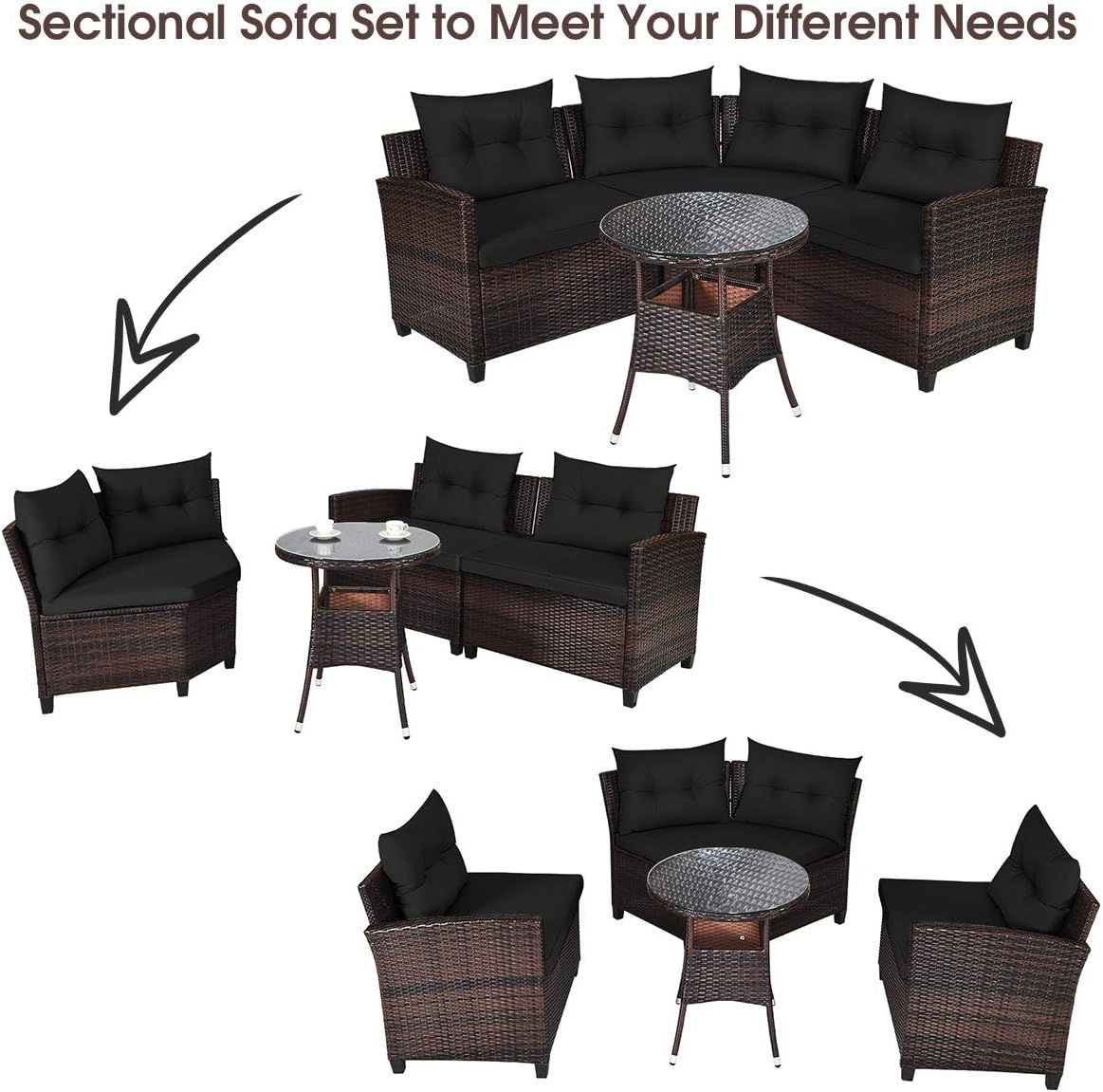 HAPPYGRILL 4 Pieces Rattan Patio Conversation Set, Outdoor Wicker Furniture Set with Cushioned Sofas and Coffee Table, L-Shape Sectional Curved Sofa Set for Garden Poolside Balcony