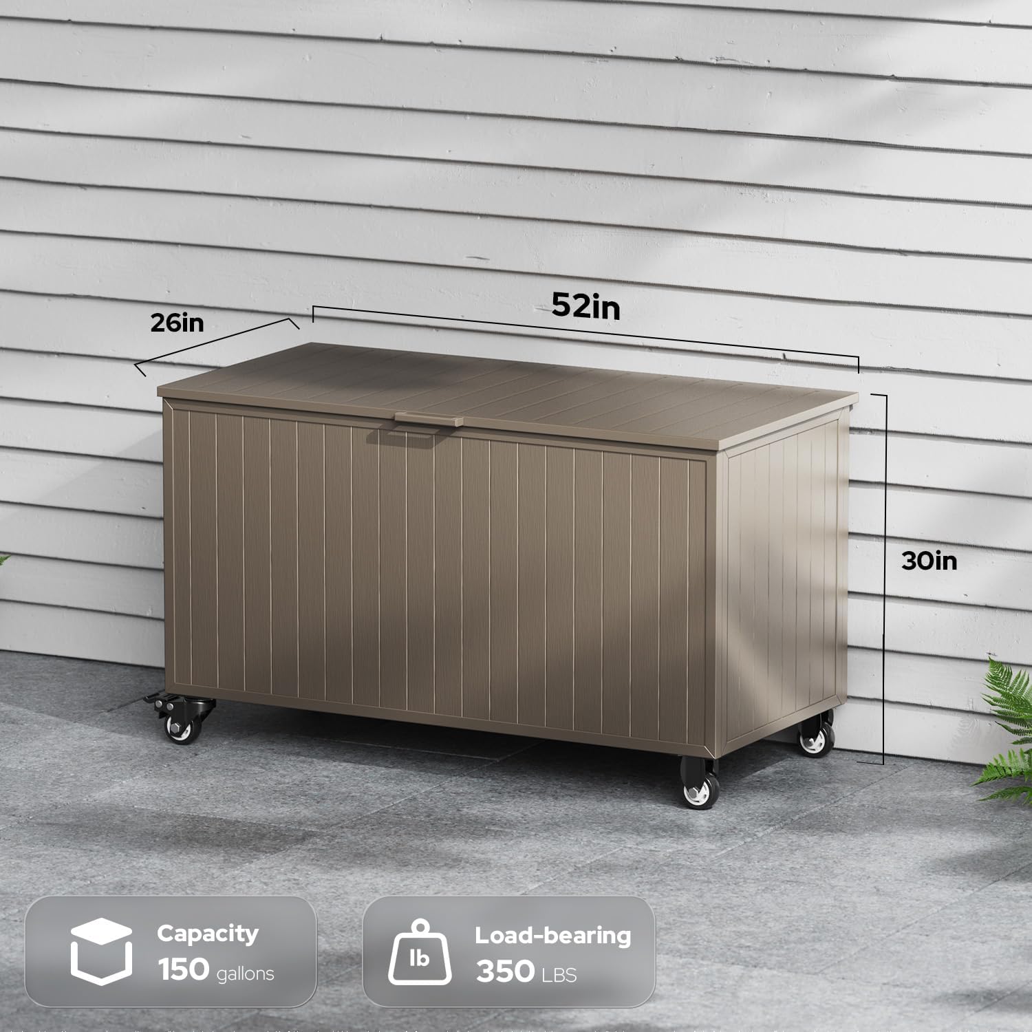 Outdoor Storage Box with Wheels 150 Gallon, Mobile Aluminum Deck Boxes Outdoor Waterproof, UV Resistant Patio Storage Box with Lid for Patio Furniture, Garden Tools, Outdoor Cushion (Brown)