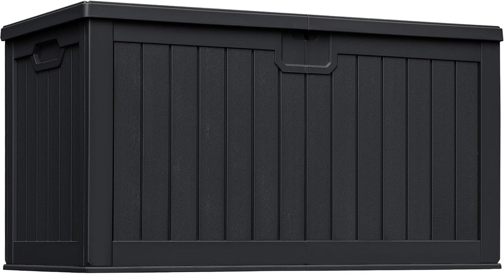 Greesum 230 Gallon HDPE Outdoor Storage Box with Removable Dividers, Weatherproof Oversized Deck Box for Patio, Garage, Garden, Black