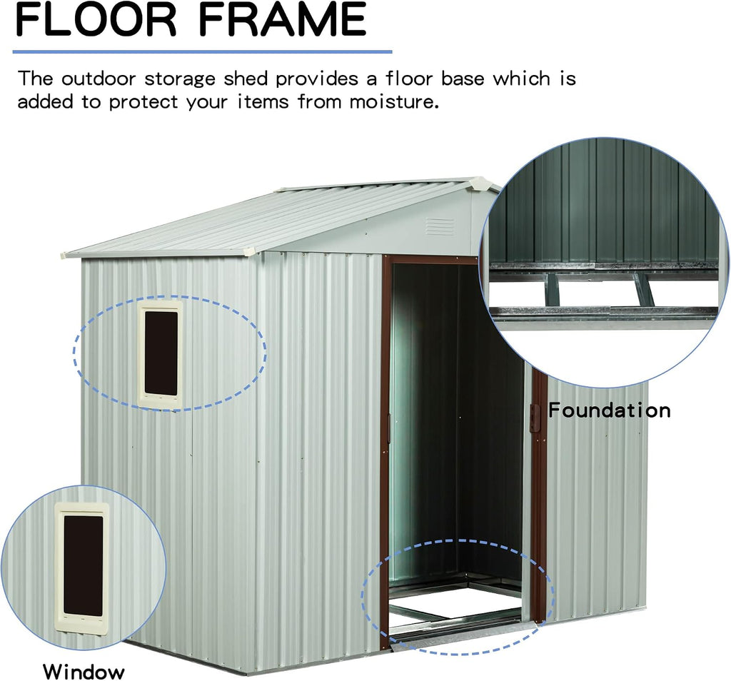 Favfurish 8 x 4 FT Outdoor Storage Shed with Side Window, Metal Garden Shed w/Sliding Doors & Lock, Floor Base and Air Vents, Utility Tool Storage House for Backyard Lawn, White