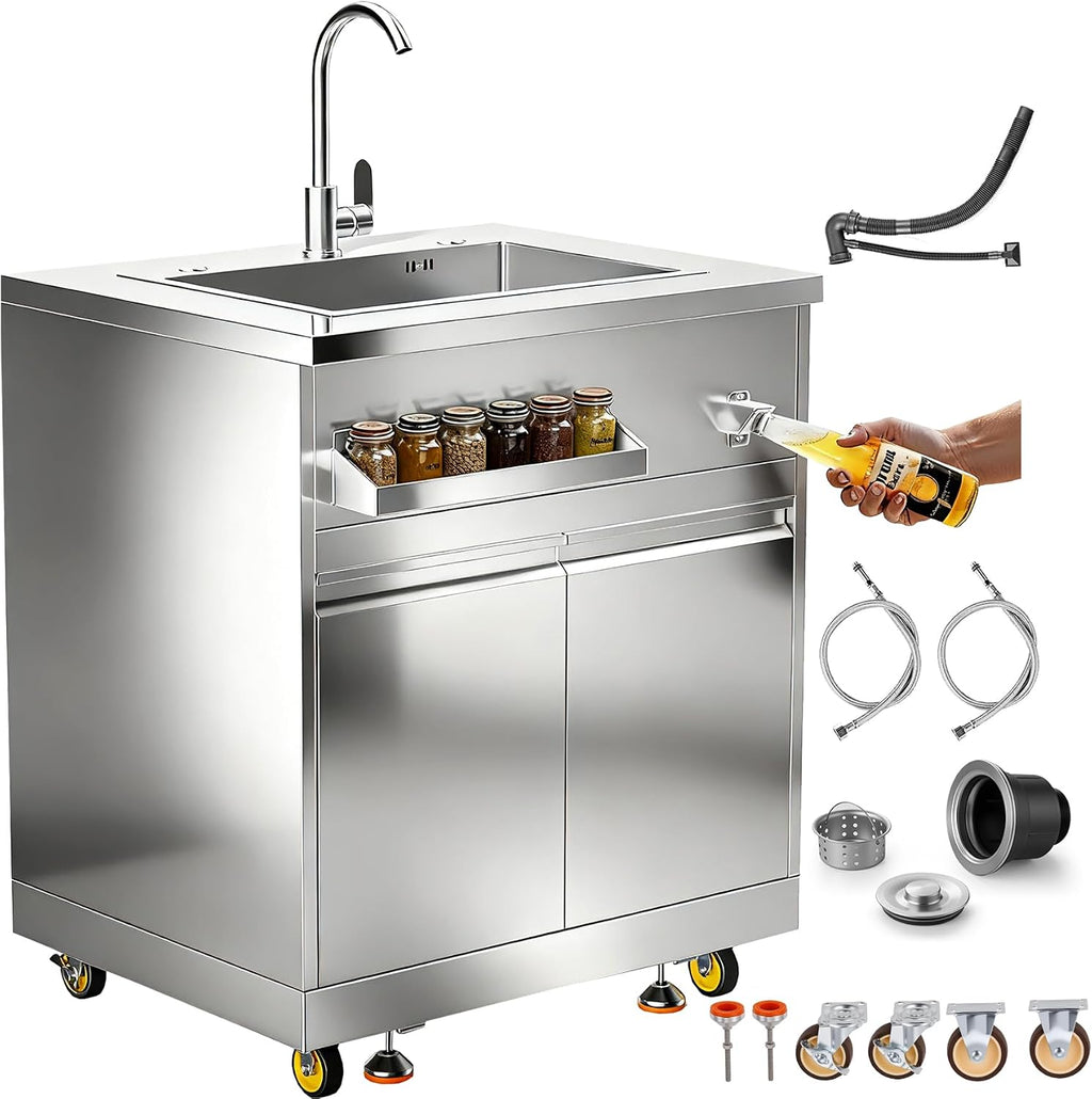 BODEGA Stainless Steel Outdoor Kitchen Drawer Cabinet for 30 inch Propane Gas Grill with 2 Drawers and Propane Tank Storage, Commercial Sinks Cabinet Combo perfect for Outdoor Kitchen BBQ Island.