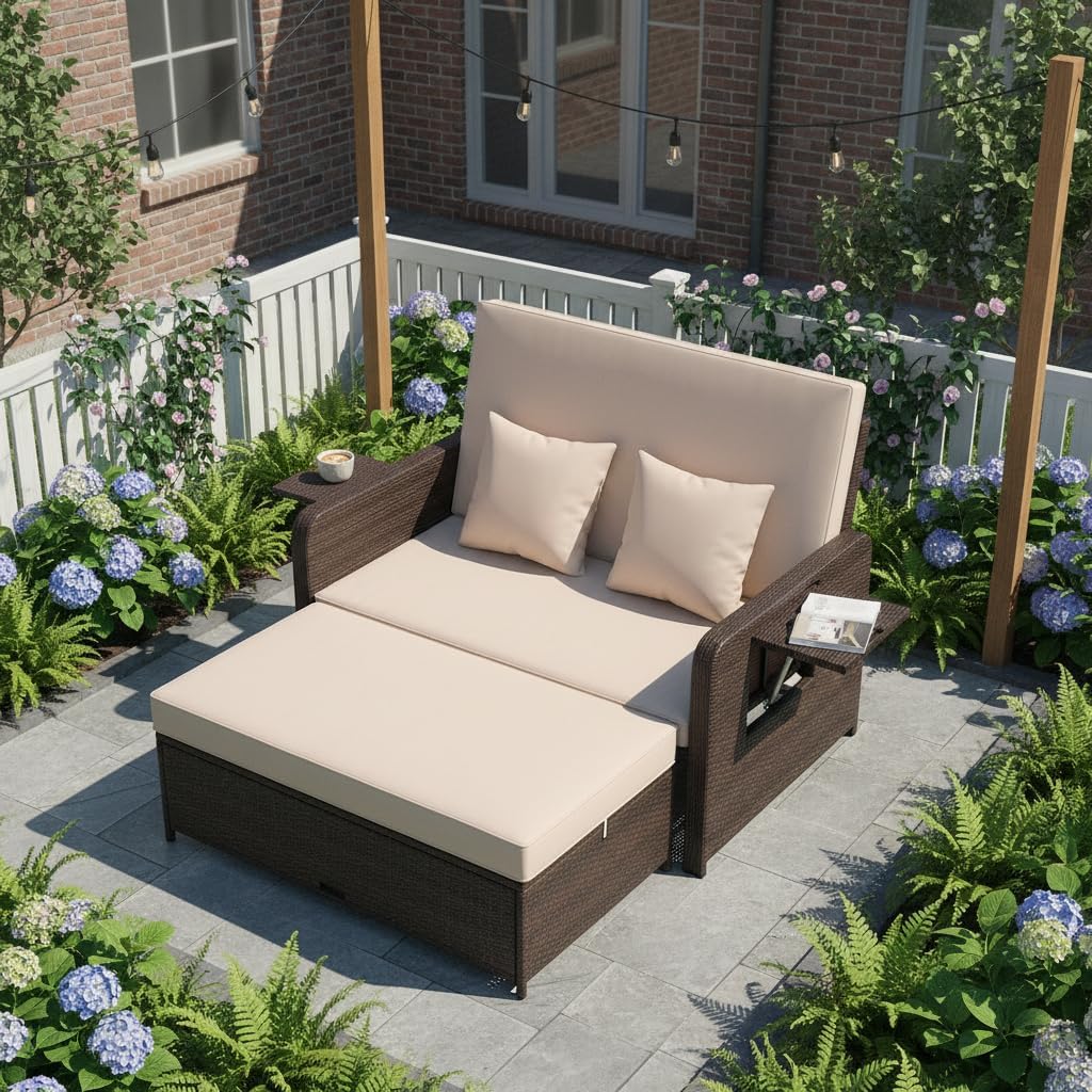 Tangkula Patio Rattan Daybed with 4-Level Adjustable Backrest, Outdoor PE Wicker Loveseat with Storage Ottoman & Folding Side Tray, Double Sunbed Lounger for Balcony, Backyard & Poolside
