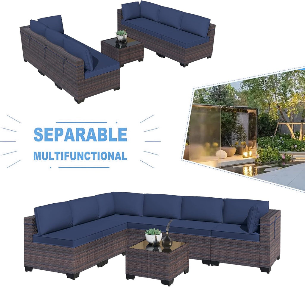 Kullavik 7 Pieces Outdoor Patio Furniture Set,Sectional Rattan Sofa Set Brown PE Rattan Wicker Patio Conversation Set with Tempered Glass Coffee Table and Washable Cushions Covers,Navy Blue