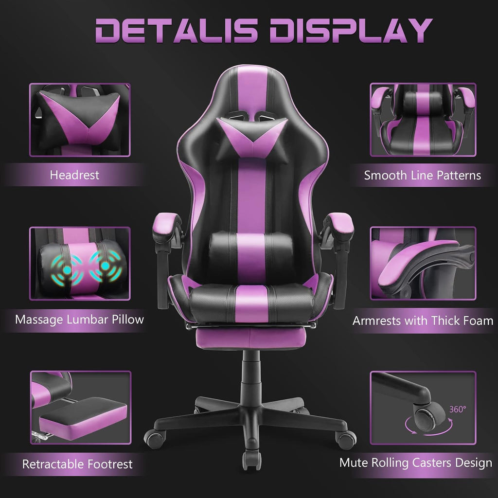 Ferghana Gaming Chairs, Ergonomic Racing Style PC Game Computer Chair with Headrest Lumbar Support Adjustable Recliner PU Leather Video Computer Chair(Dark Purple)