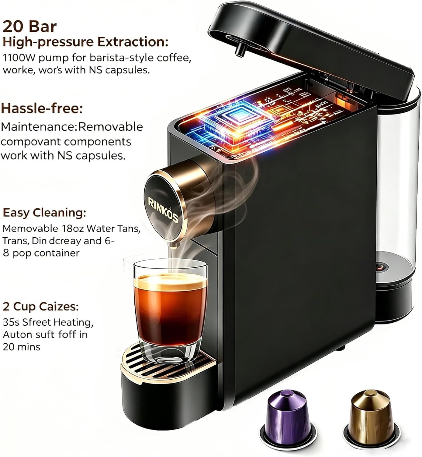 Espresso Machine Compatible with Nespresso Original Capsules, 20 Bar High Pressure Single Serve Coffee Maker, Programmable Mini Pod Coffee Machine with 18oz Tank for Espresso & Lungo - Black