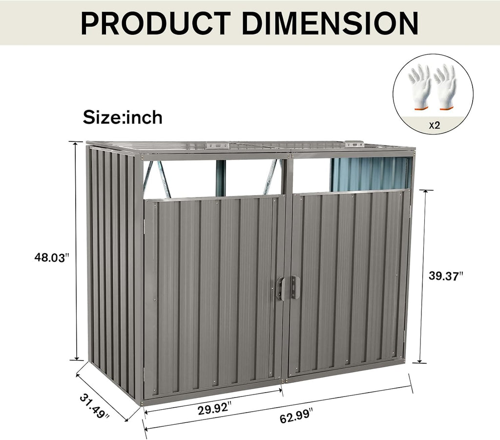 Outdoor Trash Can Storage, Garbage Bin Shed Stores 2 Trash Cans, Metal Outdoor Storage Shed for Garbage Cans, Garden Accessories, Backyard, and Patio Use, Lockable, Light Grey