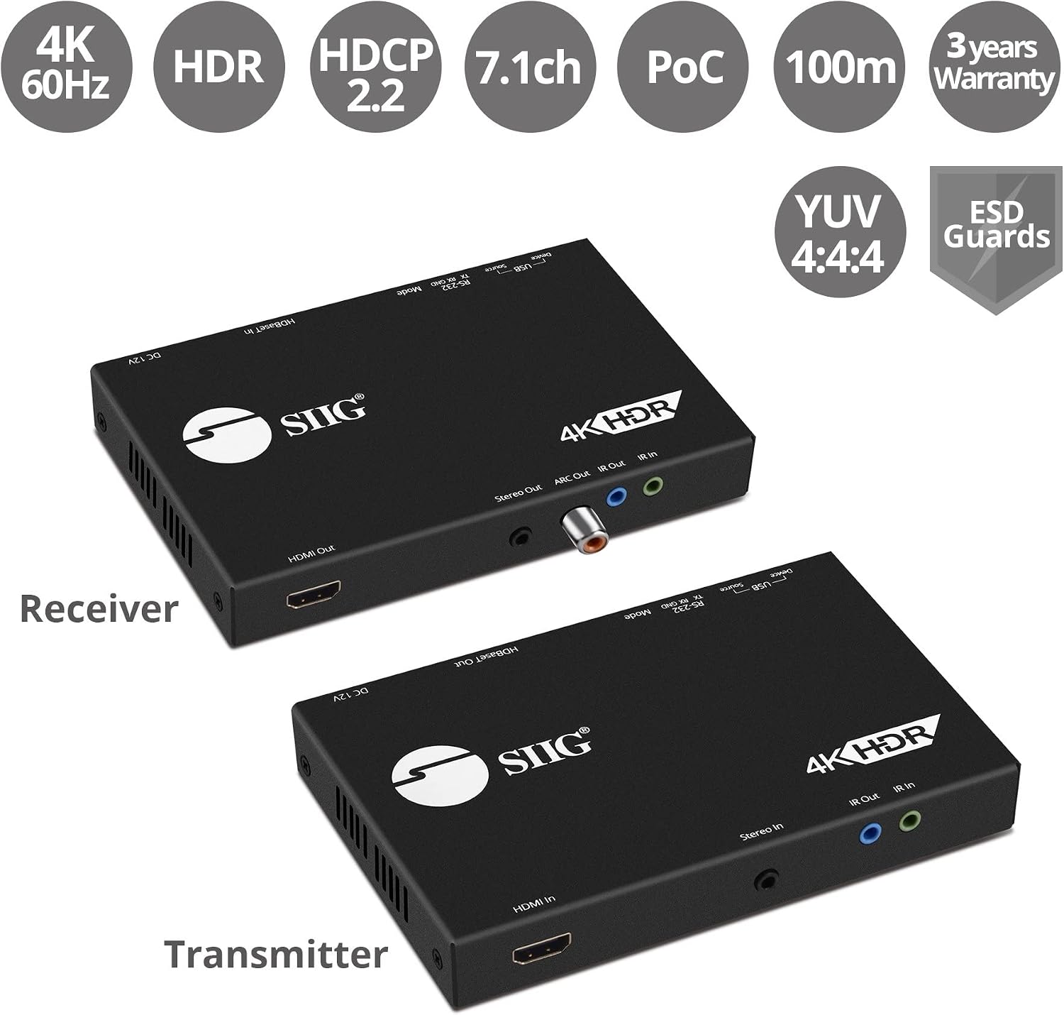 SIIG HDBaseT HDMI Extender 4K 60Hz USB 2.0 KVM RS232 Over CAT5e/CAT6/CAT7, Up to 330ft @ 1080p and 230ft @ 4K 4:4:4, Dual IR, HDR, HDMI 2.0, HDCP 2.2, EDID, PoC, TAA Compliant (CE-H23411-S1)