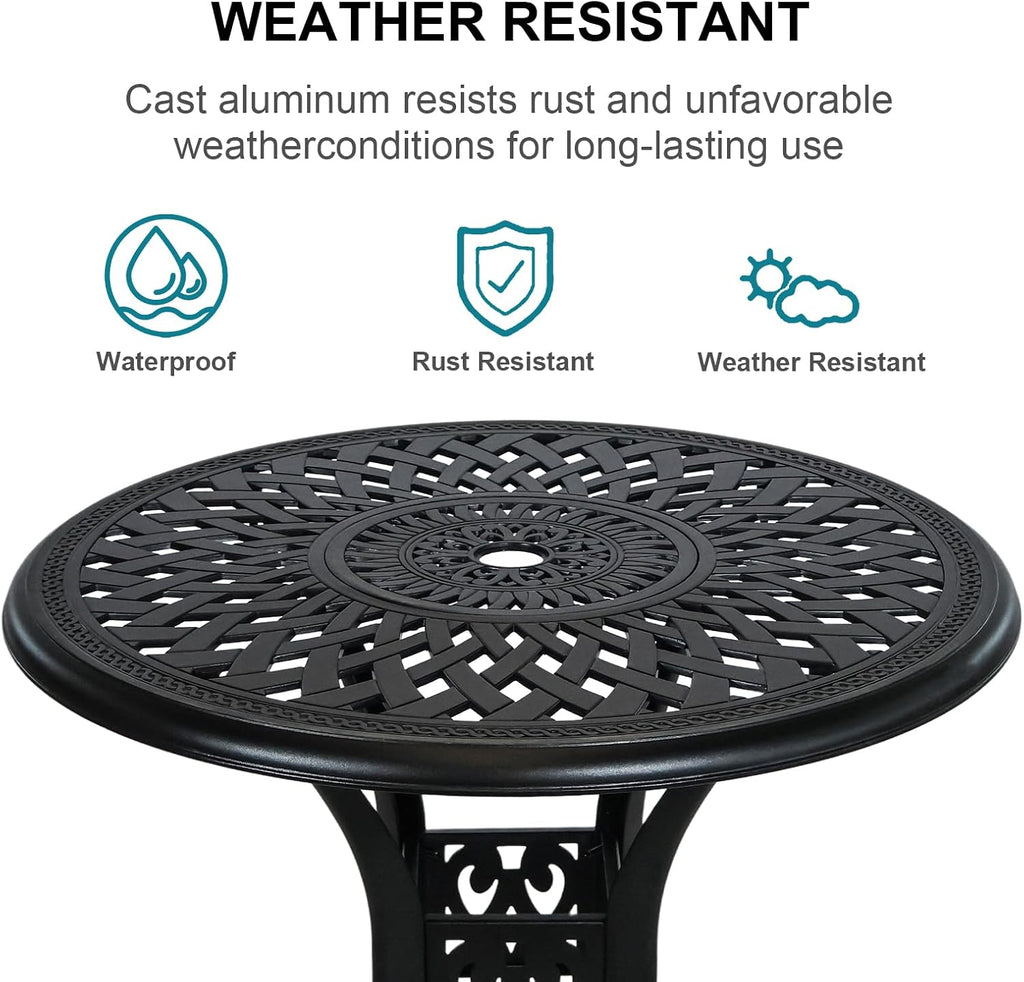 3 Piece Outdoor Dining Set,Cast Aluminum Bistro Set with Umbrella Hole, All Weather Patio Furniture Set, Small Patio Dining Set for Garden/Balcony/Deck, Black
