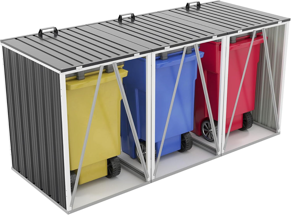 Outdoor Trash Can Storage, Garbage Bin Shed Stores 3 Trash Cans with Pneumatic Support Rod & Lockable Doors, Metal Outdoor Storage Shed for Garbage Cans, Garden, Backyard, and Patio, Grey