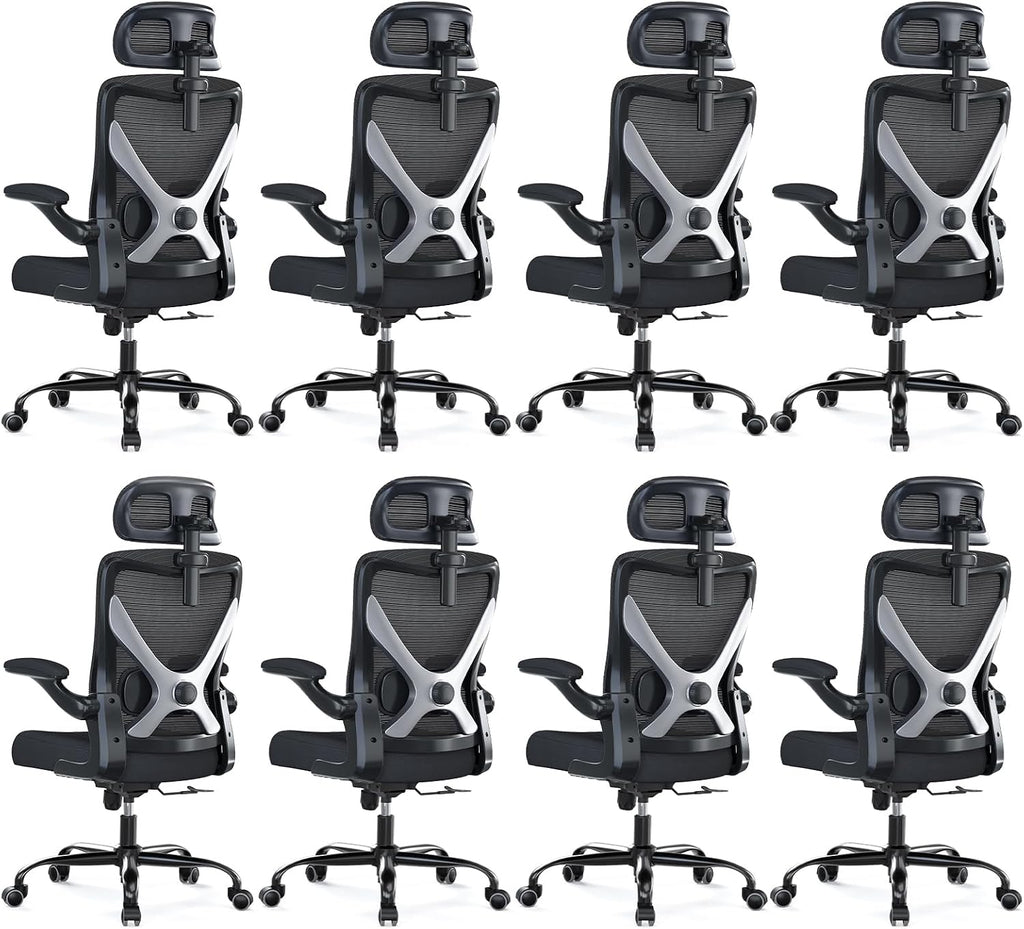Ergonomic Office Chair - X-Shaped Computer Desk Chair Comfy, Gaming Chair, Office Chair with Lumbar Support, Mesh Office Chairs with Headrests, Desk Chair for Long Hours, Black Silver, Pack of 8