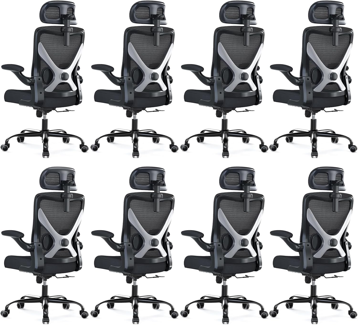 Ergonomic Office Chair - X-Shaped Computer Desk Chair Comfy, Gaming Chair, Office Chair with Lumbar Support, Mesh Office Chairs with Headrests, Desk Chair for Long Hours, Black Silver, Pack of 8
