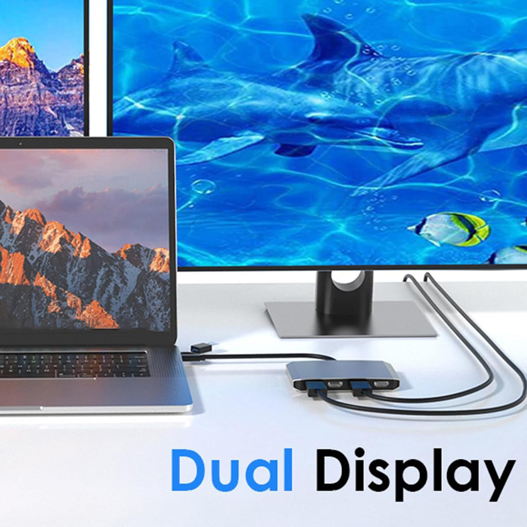 Asixxsix USB 3.0 & USB C to Dual HDMI Adapter 4K 60Hz, Monitor Splitter Extended Display for Dual Monitor, Type C to Display Port Multiport with HDMI/PD