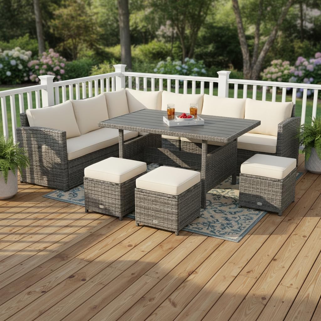 Tangkula 7 Pieces Patio Furniture Set, Outdoor Sectional Rattan Dining Sofa Set with Cushions, All Weather Wicker Conversation Couch Set with Dining Table & Ottomans for Yard Garden Poolside, White