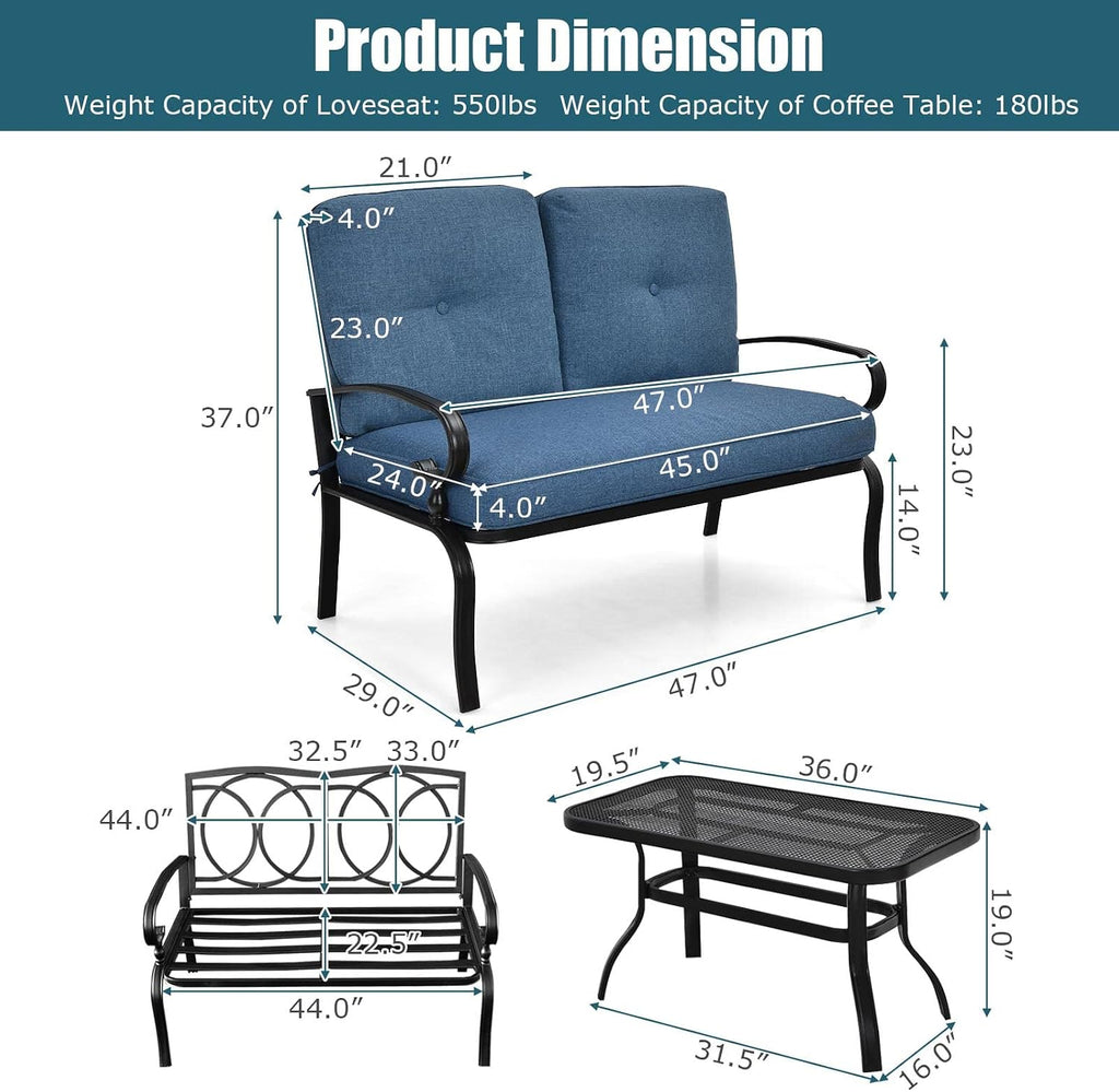 Tangkula Patio Loveseat with Table Set, 2 Seat Cushioned Sofa with Coffee Table, Patio Conversation Sofa Set with Rustproof Frame, 2 Pieces Outdoor Furniture Set for Garden, Poolside, Balcony (Blue)